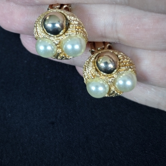 Gold and Pearl Clip On Earrings - Picture 2 of 6
